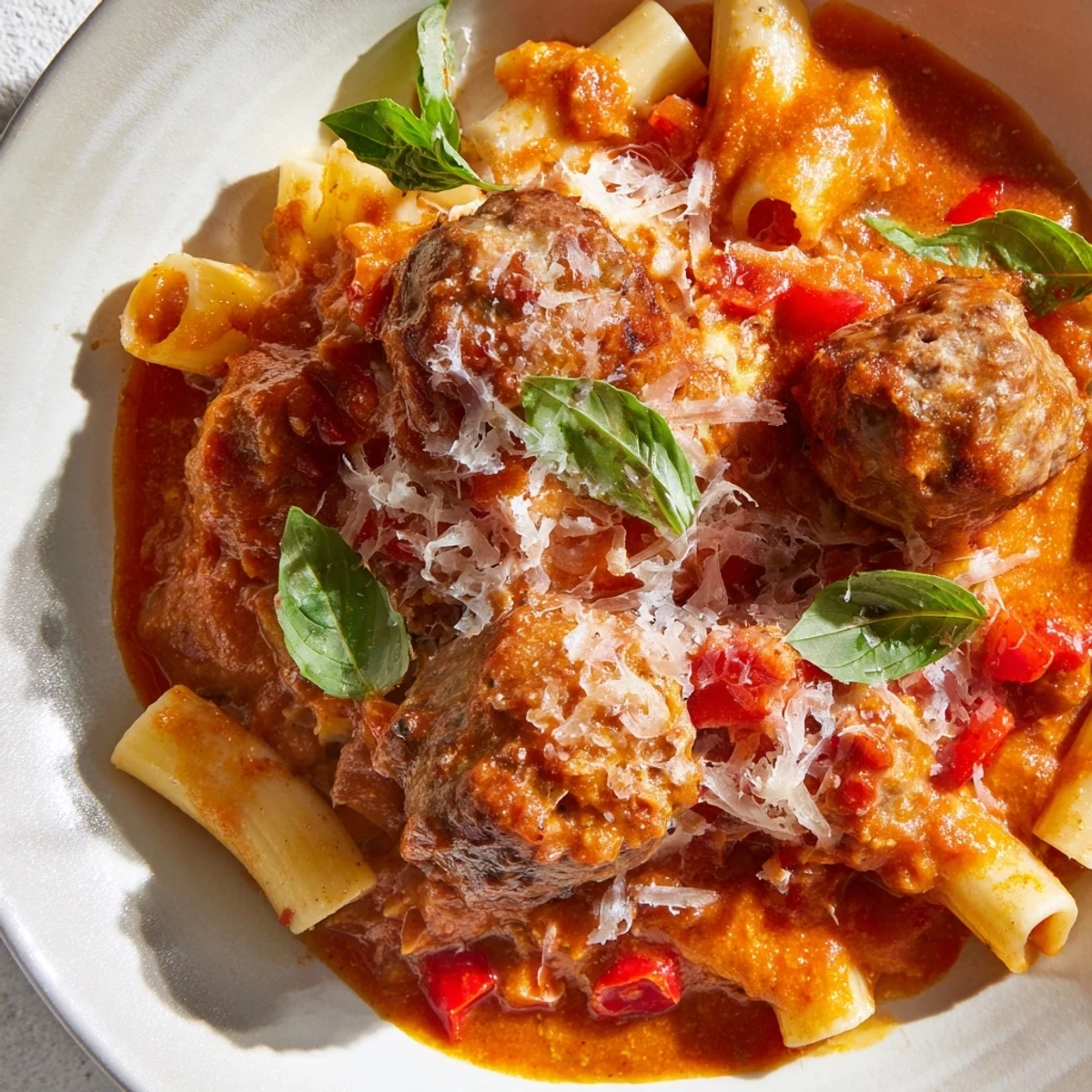 Steaming-hot Italian Meatball Pasta Skillet, with melted cheese and fresh basil, ready for a comforting meal.
