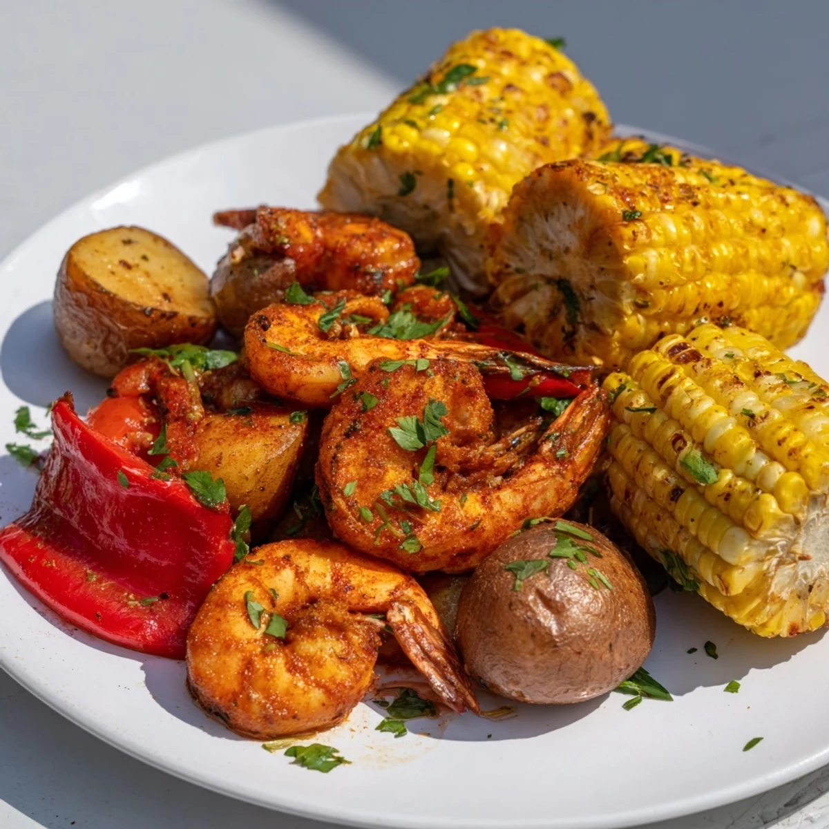Cajun shrimp & sweet corn platter with juicy shrimp and corn, ready for a delicious summer feast.