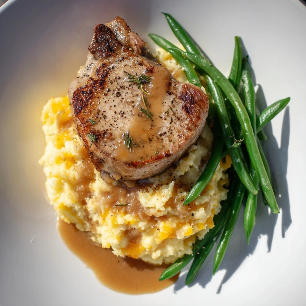 Fluffy cheddar mashed potatoes supporting a juicy pork chop in this tasty dish.
