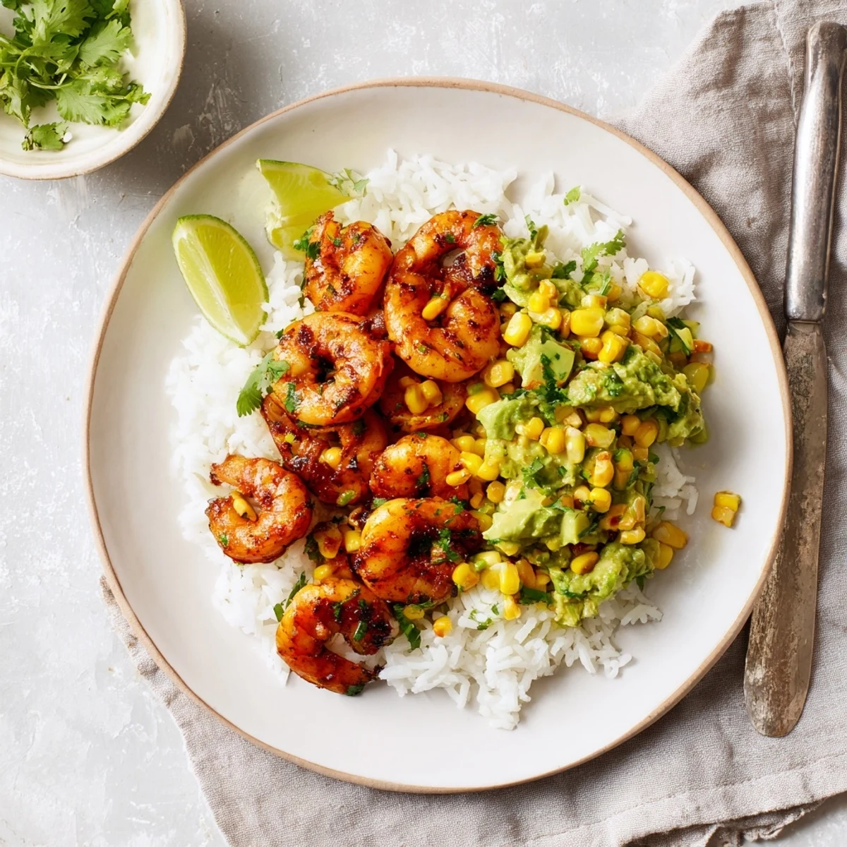Blackened shrimp bowl with avocado corn salsa served in a vibrant, delicious meal for the family.