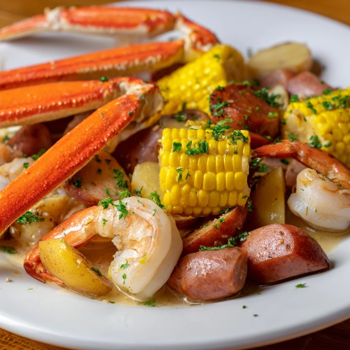 Steaming, succulent seafood boil with crab, shrimp, and sausage, ready to serve on a platter.
