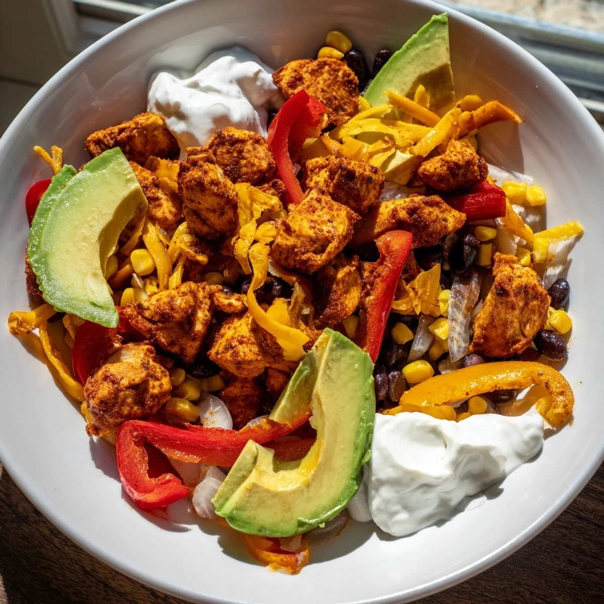 Sheet pan chicken burrito bowls, overflowing with colorful roasted vegetables and tender seasoned chicken.