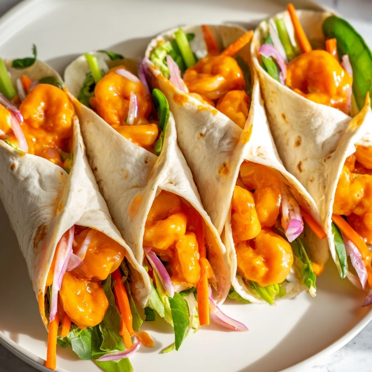 Vibrant buffalo shrimp wraps filled with tangy vegetables and creamy ranch dressing are pictured here.