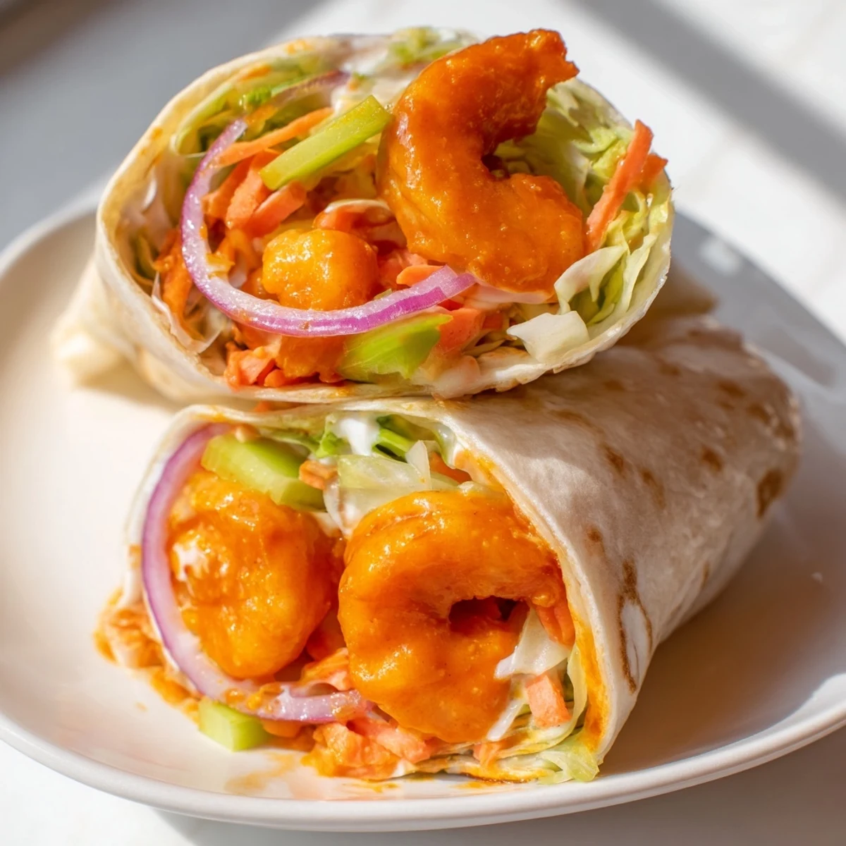 Close up shows a buffalo shrimp wrap, ready to slice, showcasing tender shrimp contrasted with fresh, crunchy fillings.