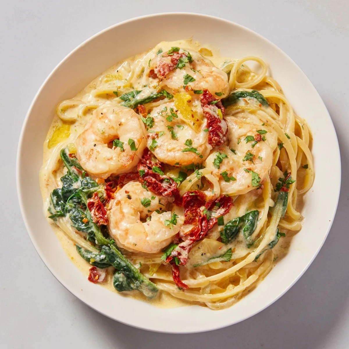 Delicious Tuscan Garlic Shrimp Pasta with shrimp and spinach in a rich, creamy Parmesan sauce.
