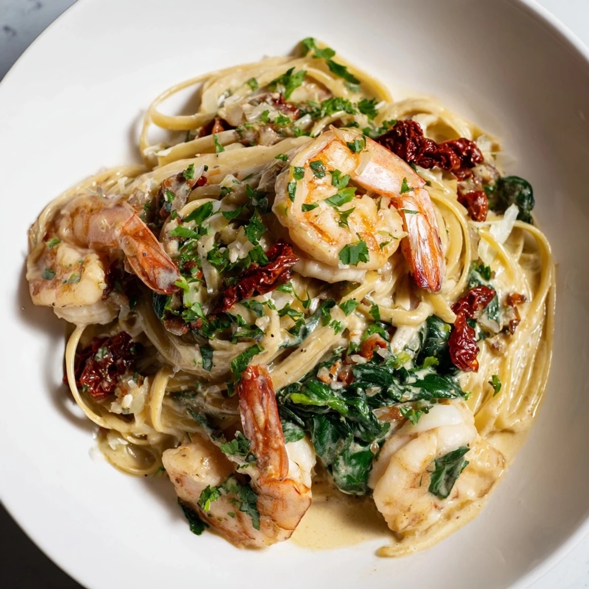 A plate of flavorful Tuscan Garlic Shrimp Pasta, ready to serve with fresh parsley and Parmesan.