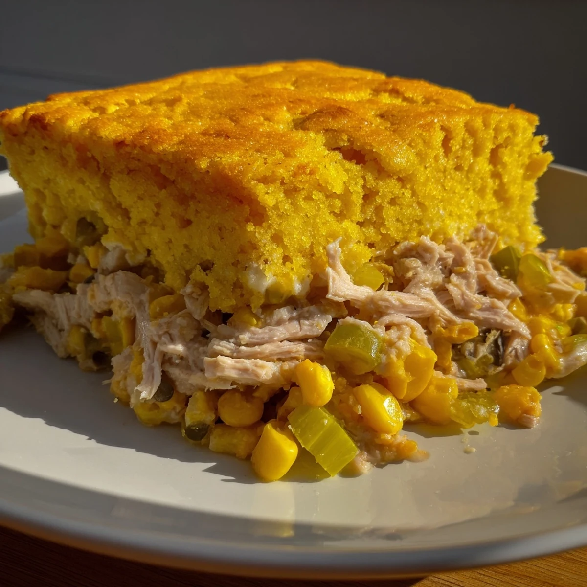 Deliciously baked Southern Cornbread Chicken Casserole, showcasing a fluffy cornbread topping and tender chicken.