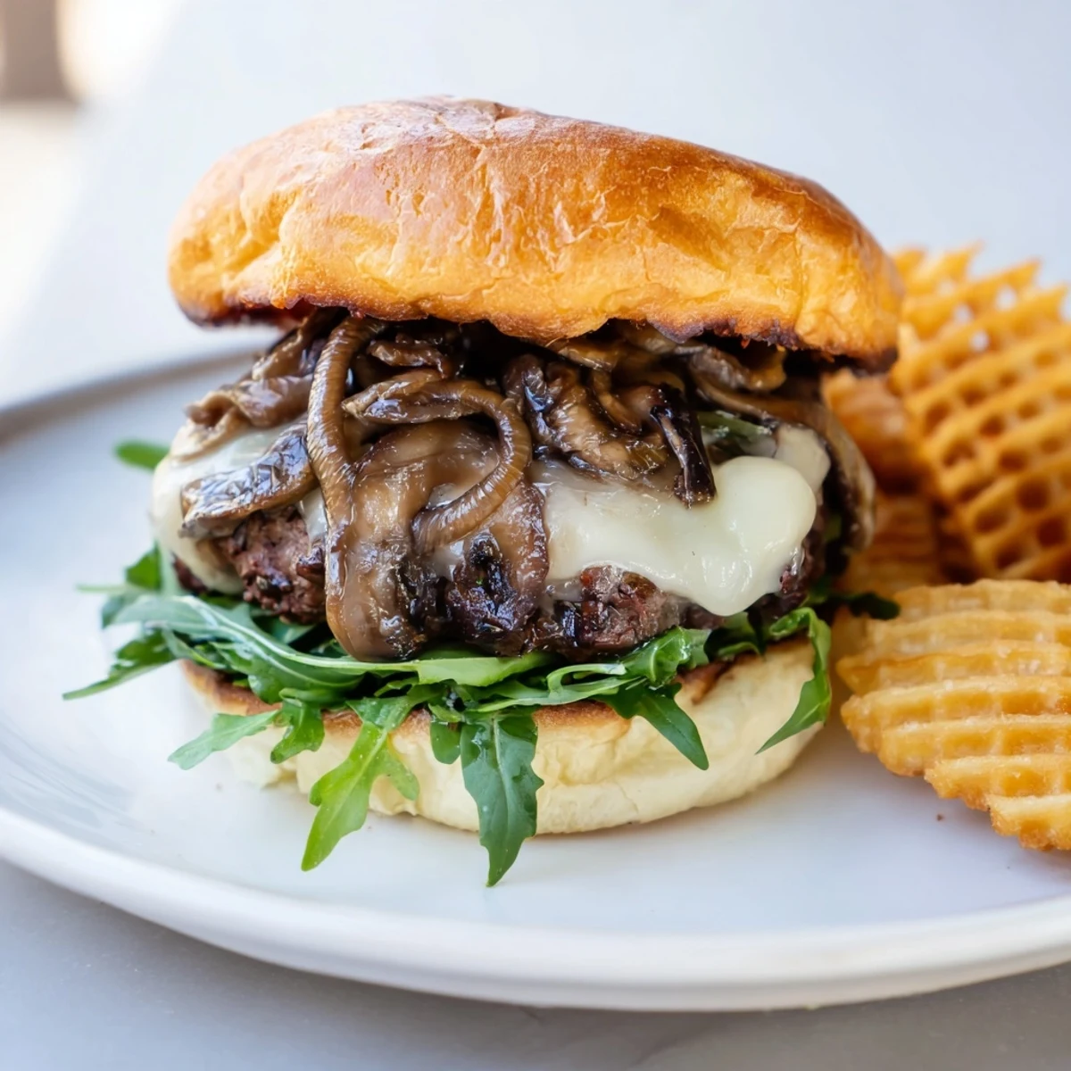 Melted Swiss cheese and savory mushrooms crown this delicious Mushroom Swiss Burger, perfectly cooked.