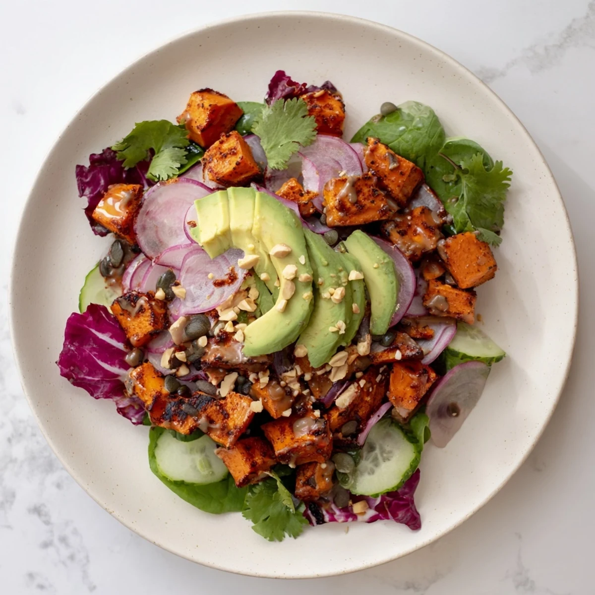 A beautiful Spiced Peanut Sweet Potato salad bowl, featuring roasted sweet potatoes and peanut dressing.