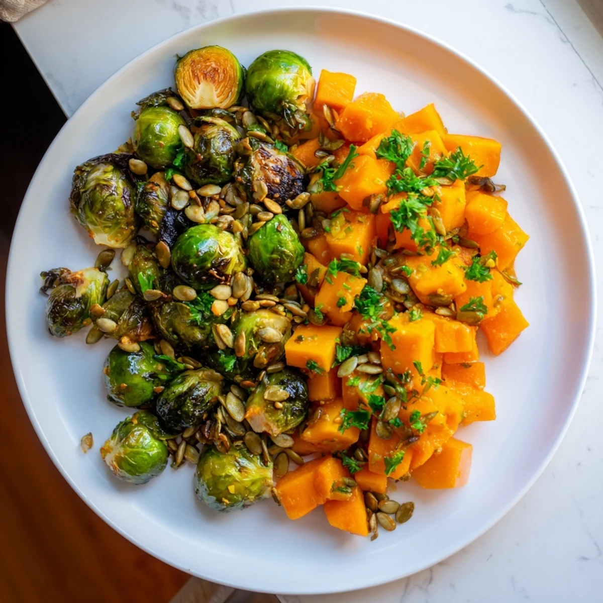 Golden-brown roasted Brussels sprouts and butternut squash with bright orange dressing, ready to enjoy.