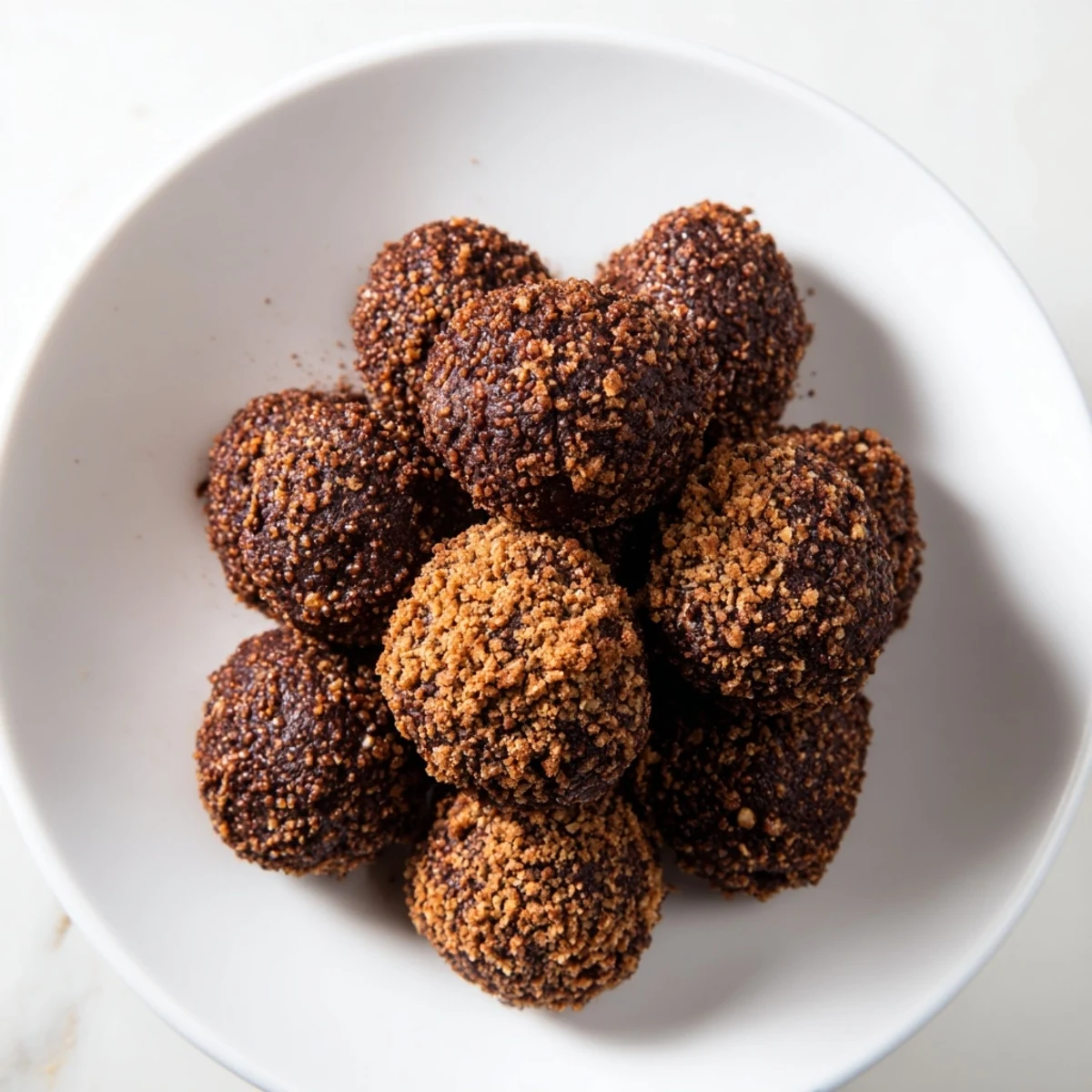 Date & Walnut Truffles, rolled in cocoa, ready to serve as a healthy and delicious dessert.