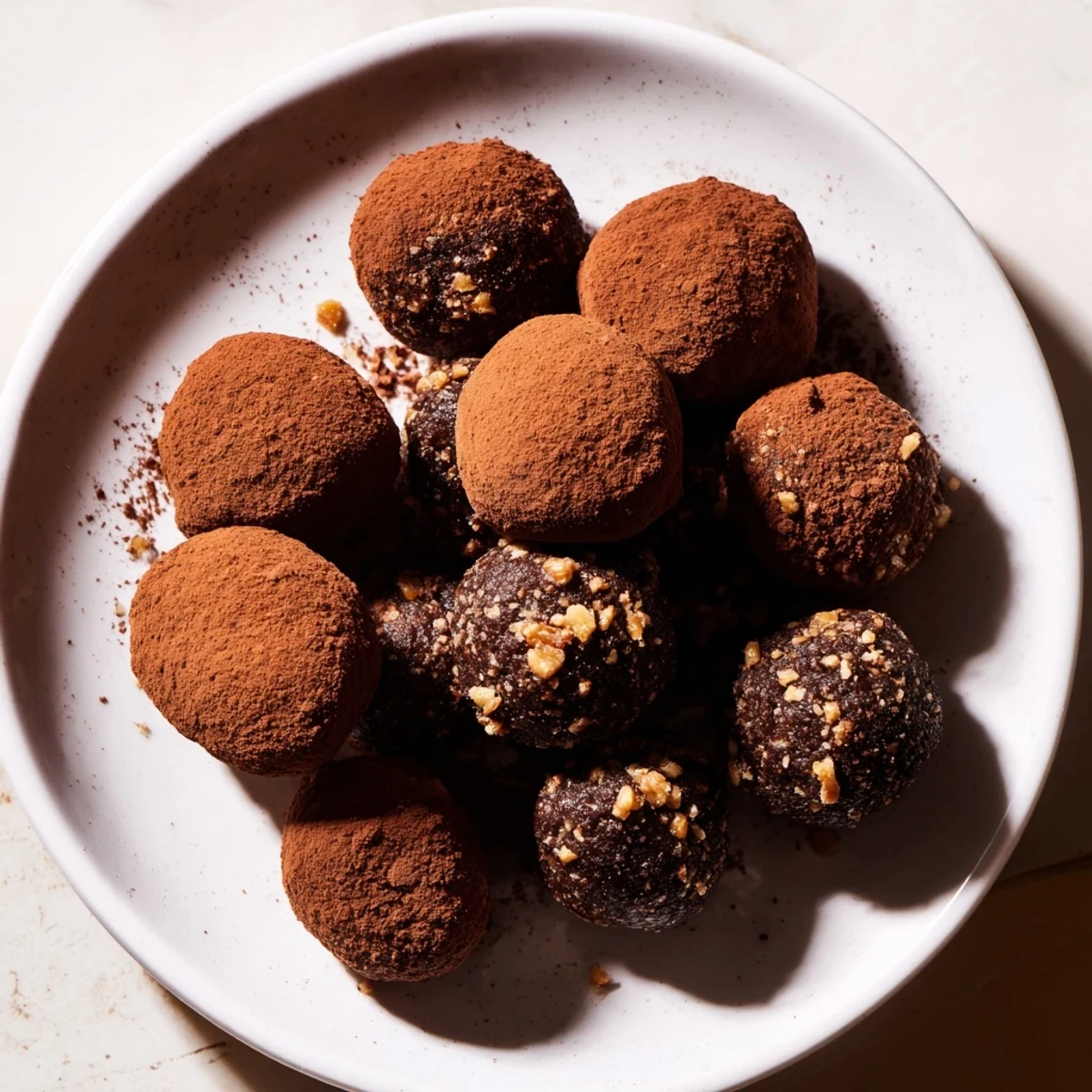 A close-up of dark Date & Walnut Truffles dusted with cocoa offering a rich, sweet bite.