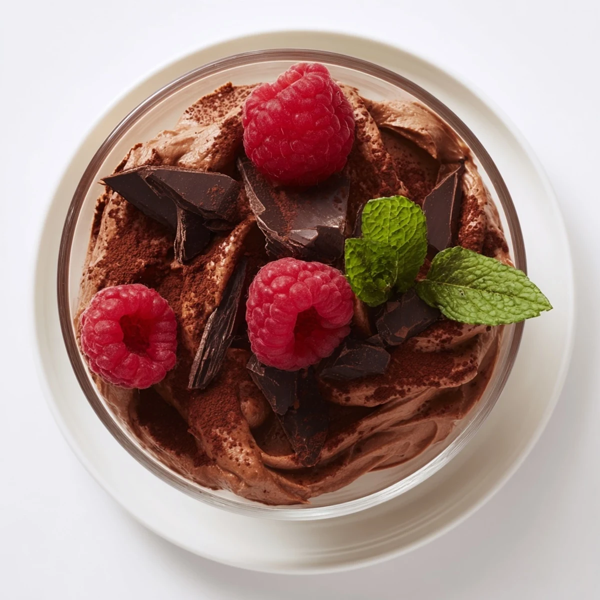 Smooth, decadent avocado chocolate mousse, topped with vibrant red raspberries, perfect for dessert.