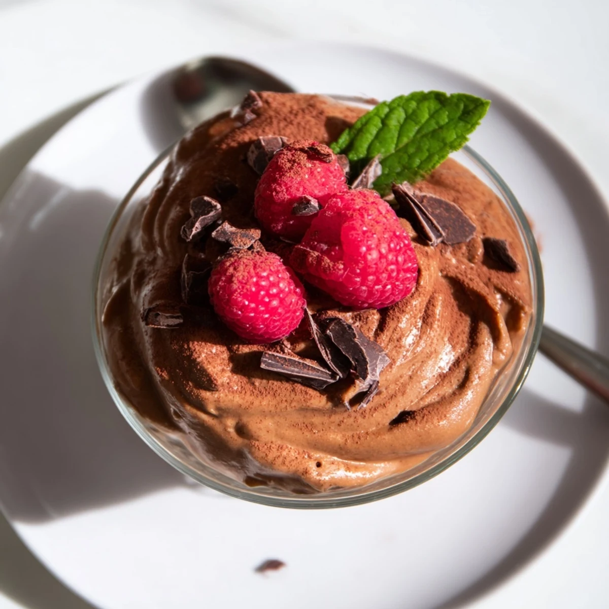 Creamy avocado chocolate mousse with a scattering of fresh raspberries, a healthy and delicious treat.