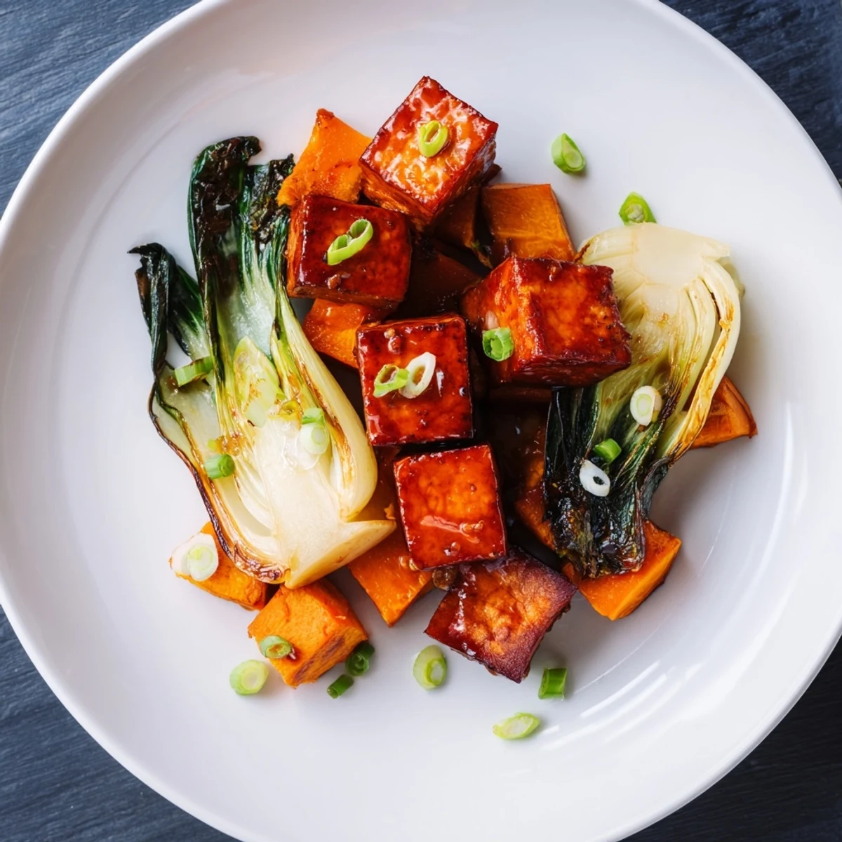 Golden-brown miso-glazed tofu and winter squash alongside tender bok choy, ready for a flavorful bite.