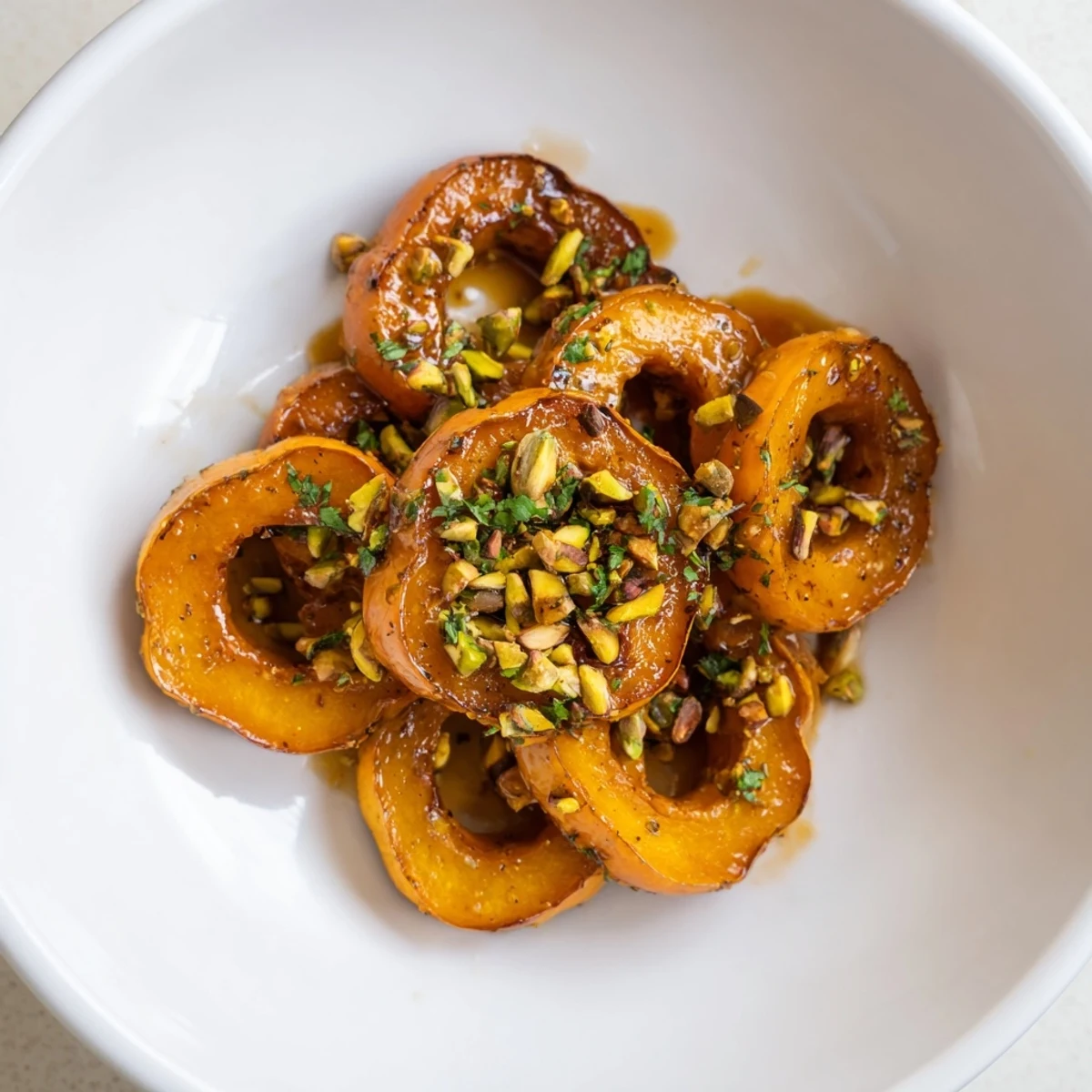 Golden-brown baked delicata squash rings, glazed with maple and sprinkled with pistachios, ready to serve.