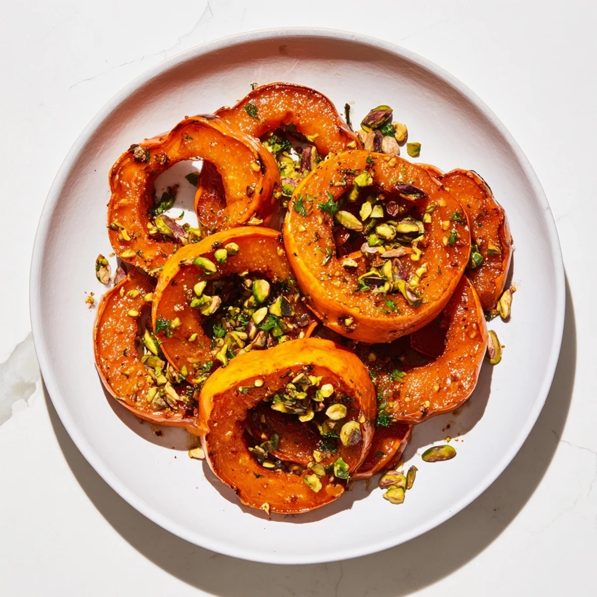 A vibrant close-up of tender baked delicata squash rings, sweet maple glaze, and crunchy nuts.