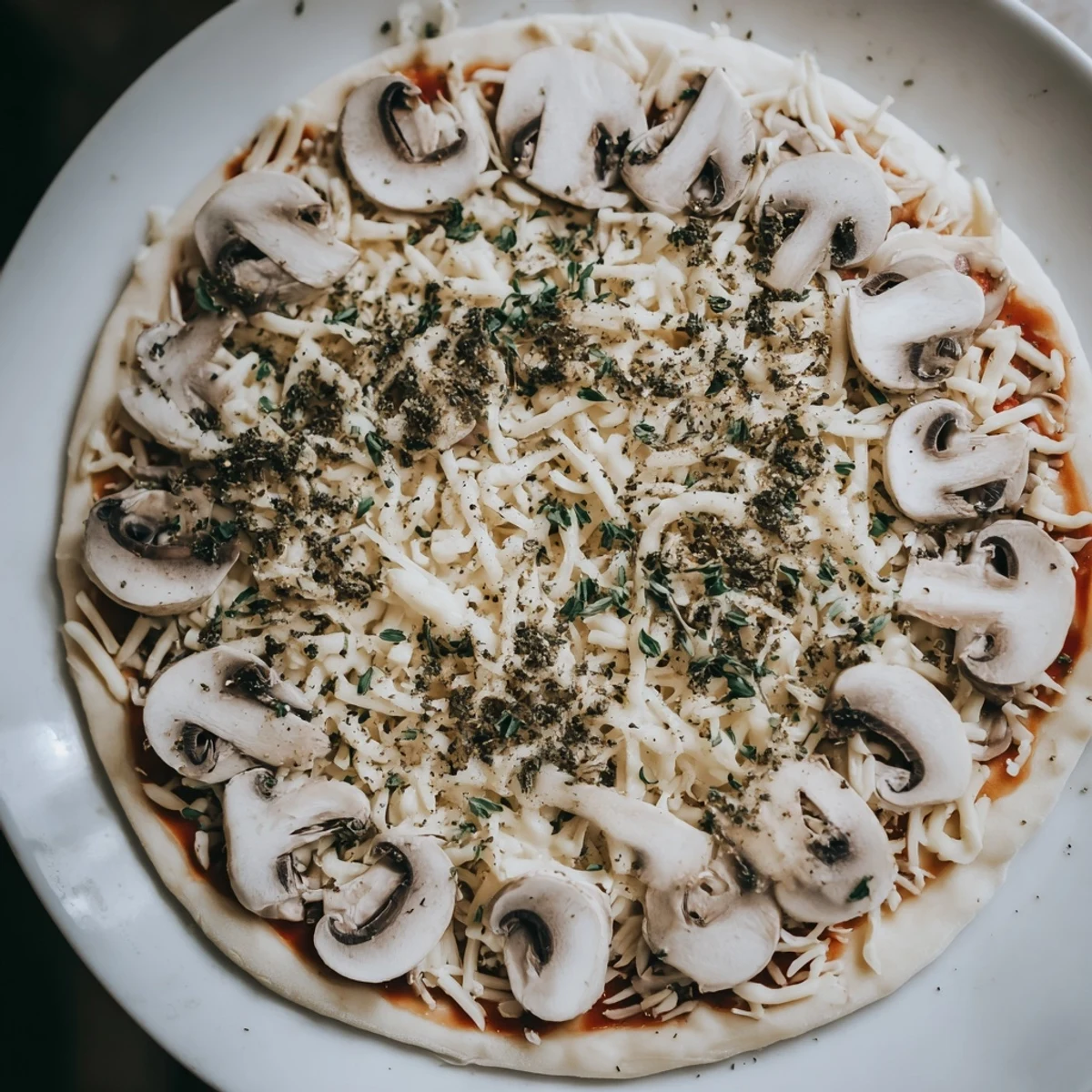 Golden, bubbly upgraded frozen pizza topped with mushrooms, herbs, and melted cheese, ready to slice.