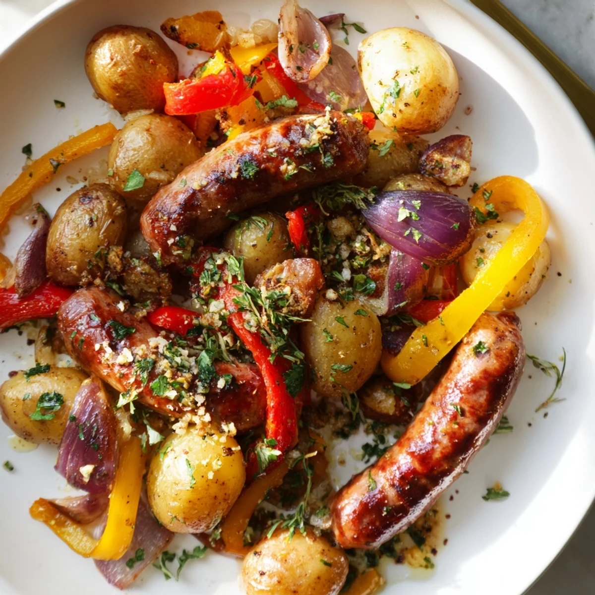 A delicious overhead shot of the Sheet-Pan Sausage with Peppers, cooked with herbs, awaiting a squeeze of lemon.