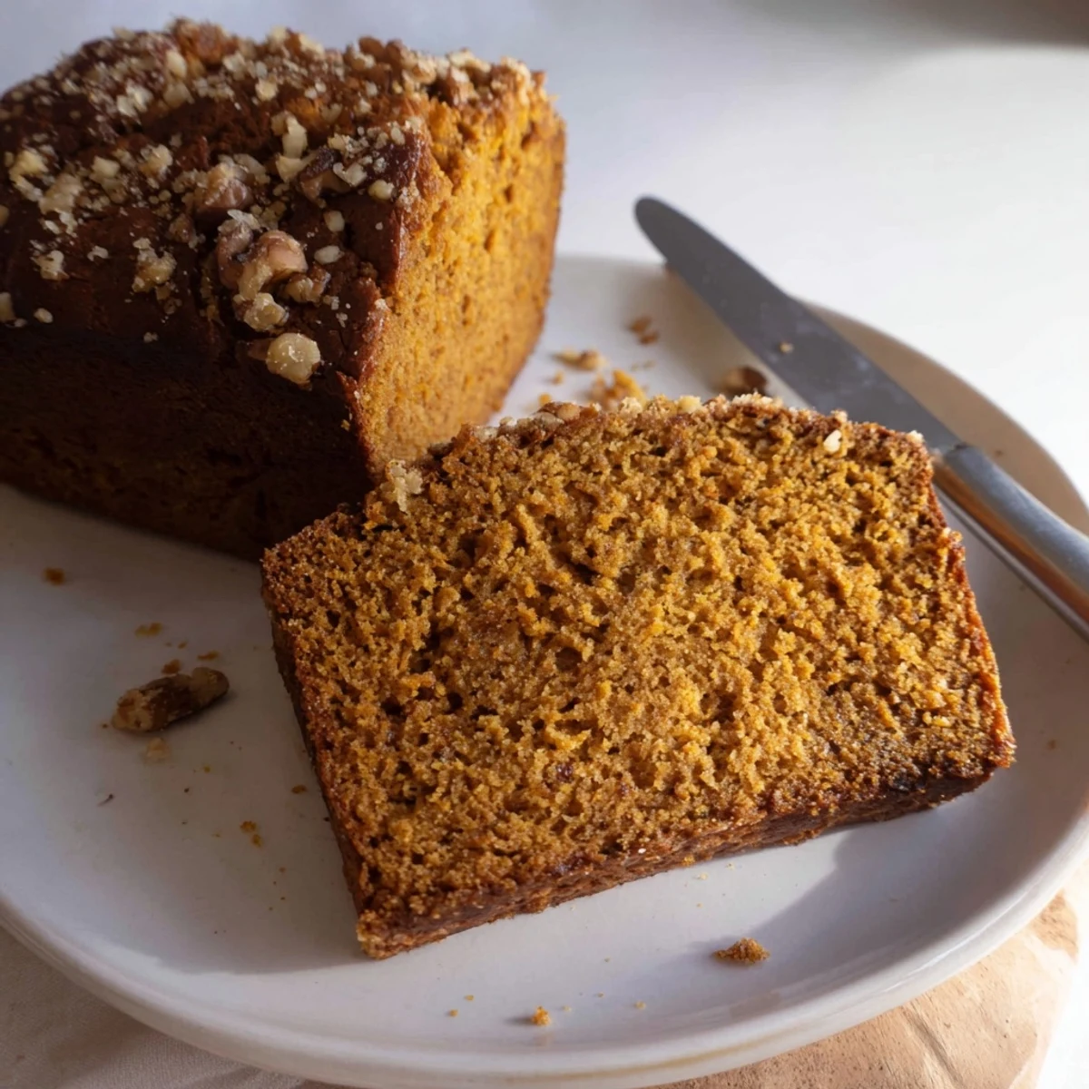 Warm, spiced pumpkin bread loaf, glistening with a golden crust, perfect for fall flavors.