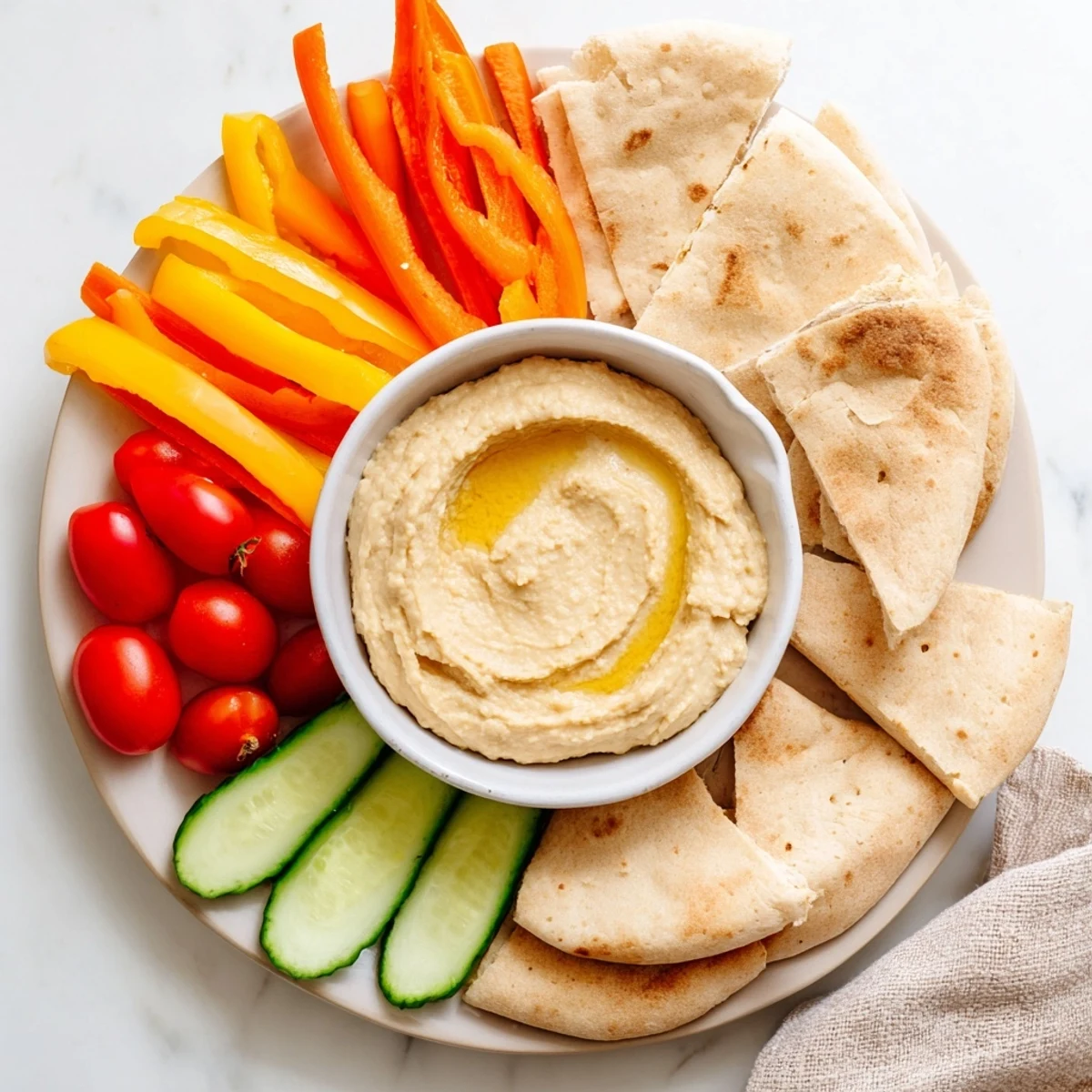 A platter of creamy DIY hummus surrounded by warm pita bread and colorful veggie sticks.