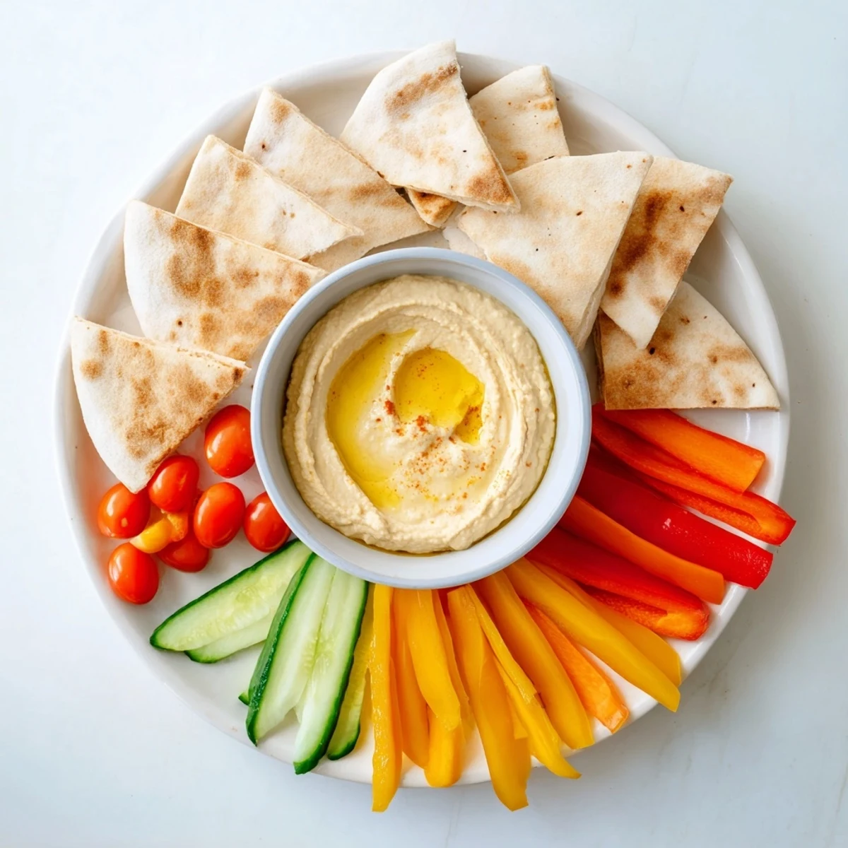 Homemade pita bread flanking a bowl of vibrant, smooth DIY hummus, perfect for dipping.