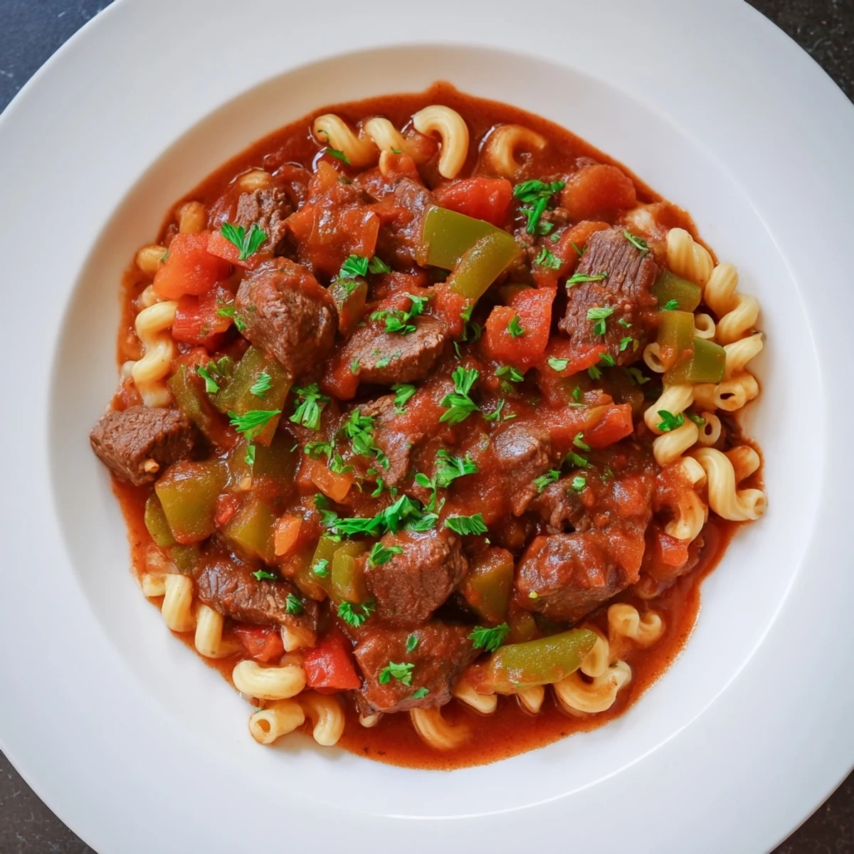 A rustic serving of homemade goulash with beef or turkey, ready for a comforting family dinner.