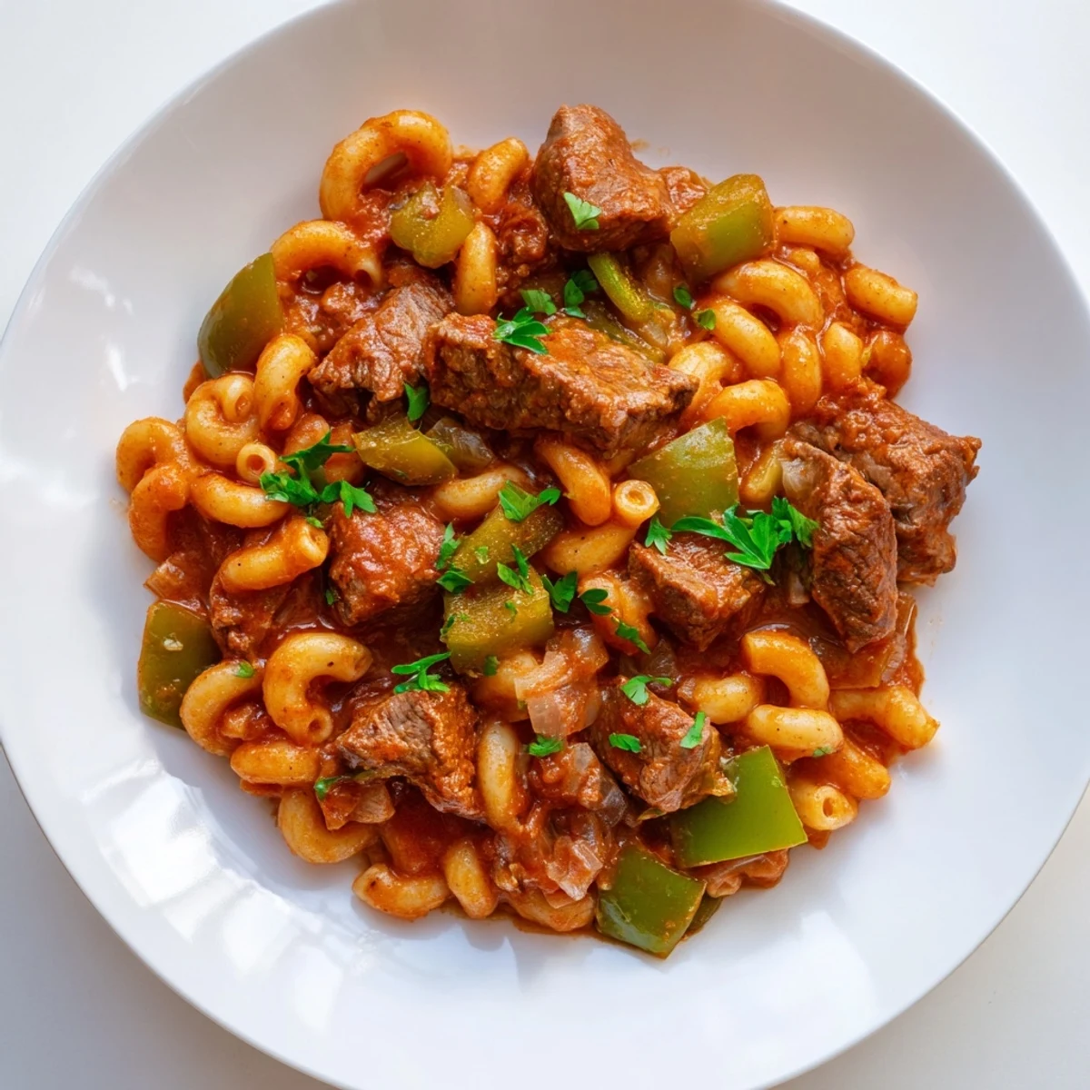 Close-up of savory goulash, highlighting tender beef and pasta in a rich, tomato-based sauce.