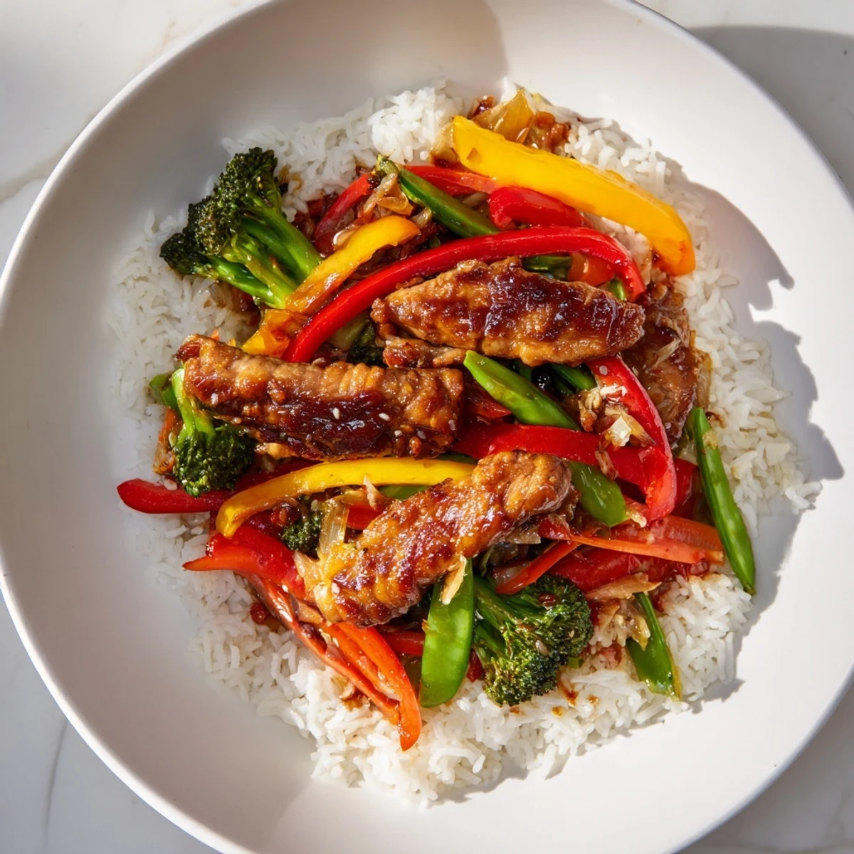 Perfectly cooked Chicken Stir-Fry with rice—a flavorful, quick dinner idea, ready to eat!