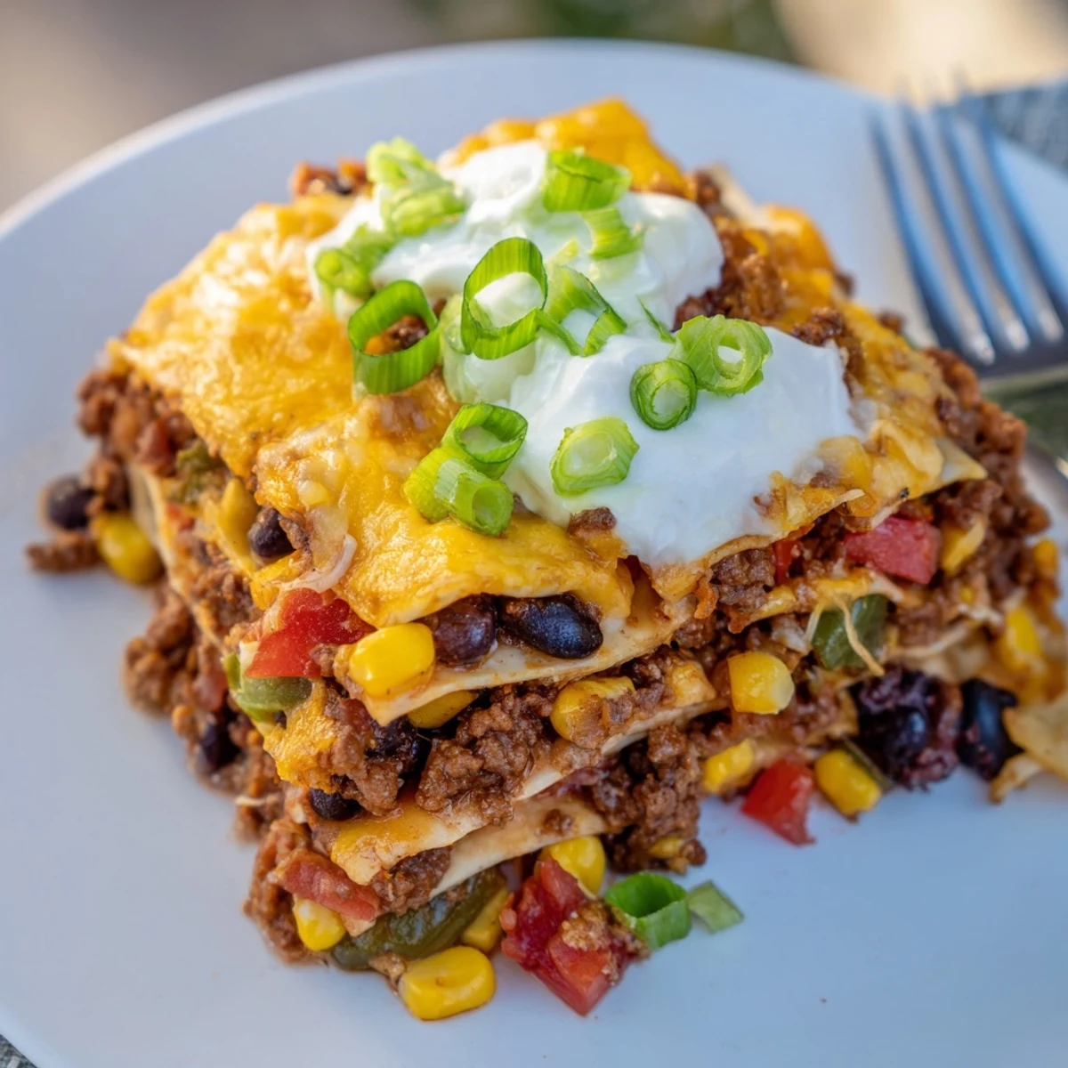 Warm, cheesy Taco Lasagna, layered with seasoned ground beef and vibrant Tex-Mex flavors.
