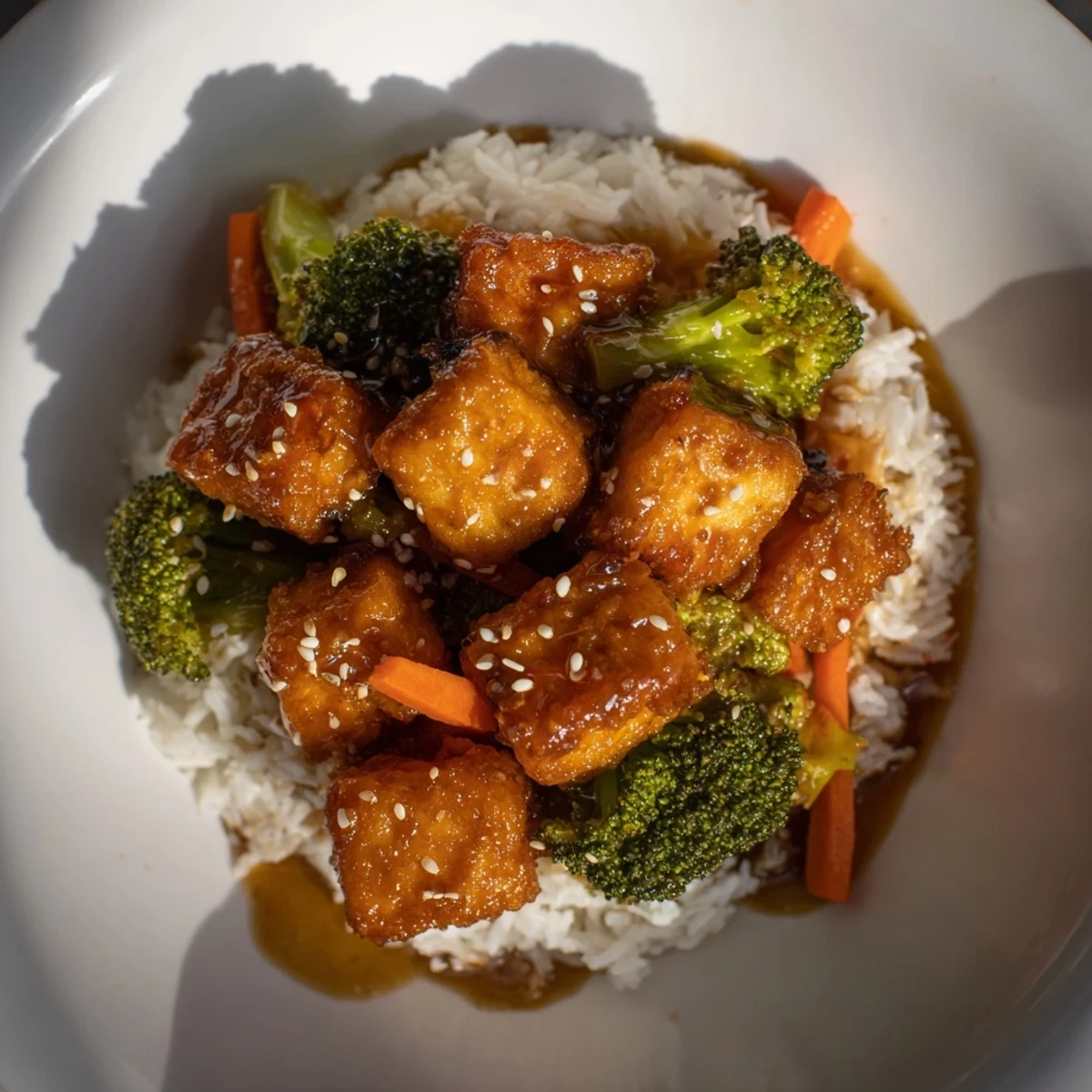 Golden, pan-fried sesame tofu and broccoli atop fluffy rice, ready to enjoy this dinner.