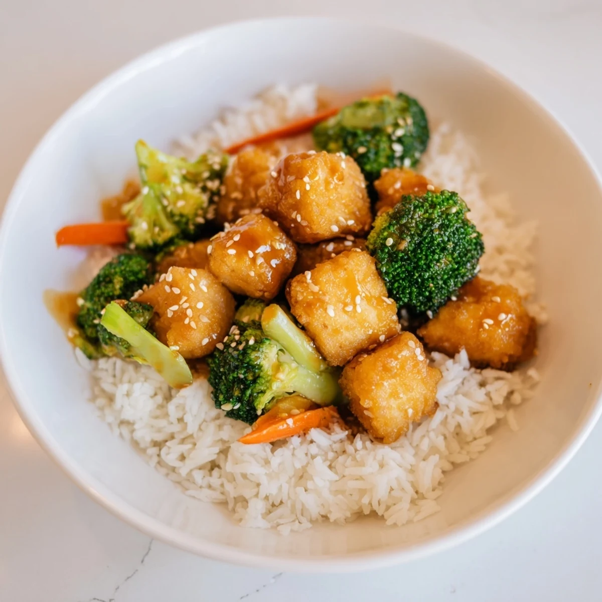 Hearty bowl of sesame tofu & broccoli with rice, featuring a rich sesame glaze and fresh garnishes.