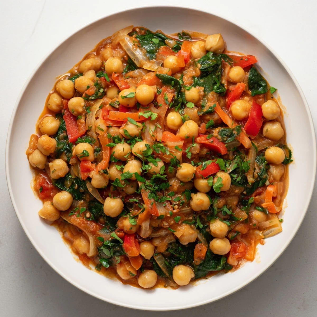 Steaming Vegetarian Chickpea & Spinach Skillet, bursting with fresh herbs, ready to serve with crusty bread.