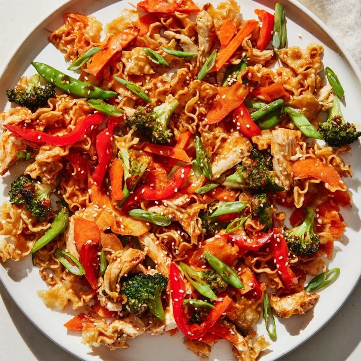 Golden-brown Sheet-Pan Crispy Ramen with chicken and colorful roasted vegetables, ready to eat.