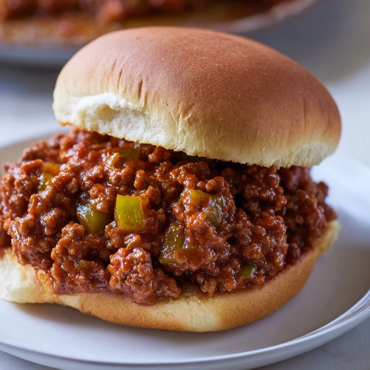 A close-up of a steaming, delicious Sloppy Joe overflowing a toasted hamburger bun.