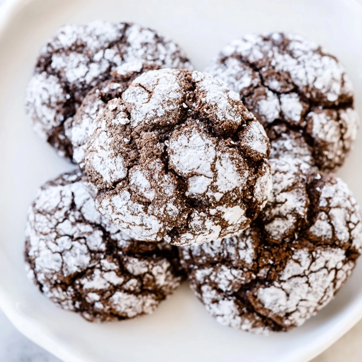Warm chocolate gingerbread crinkle cookies, crackled with powdered sugar and ready to enjoy now.