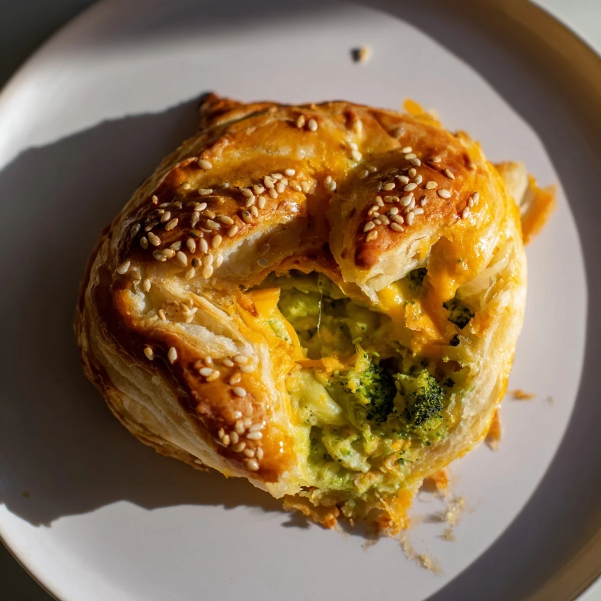 Warm, creamy broccoli and cheddar filling spilling from these delicious Broccoli Cheddar Quiche-less Hand Pies.