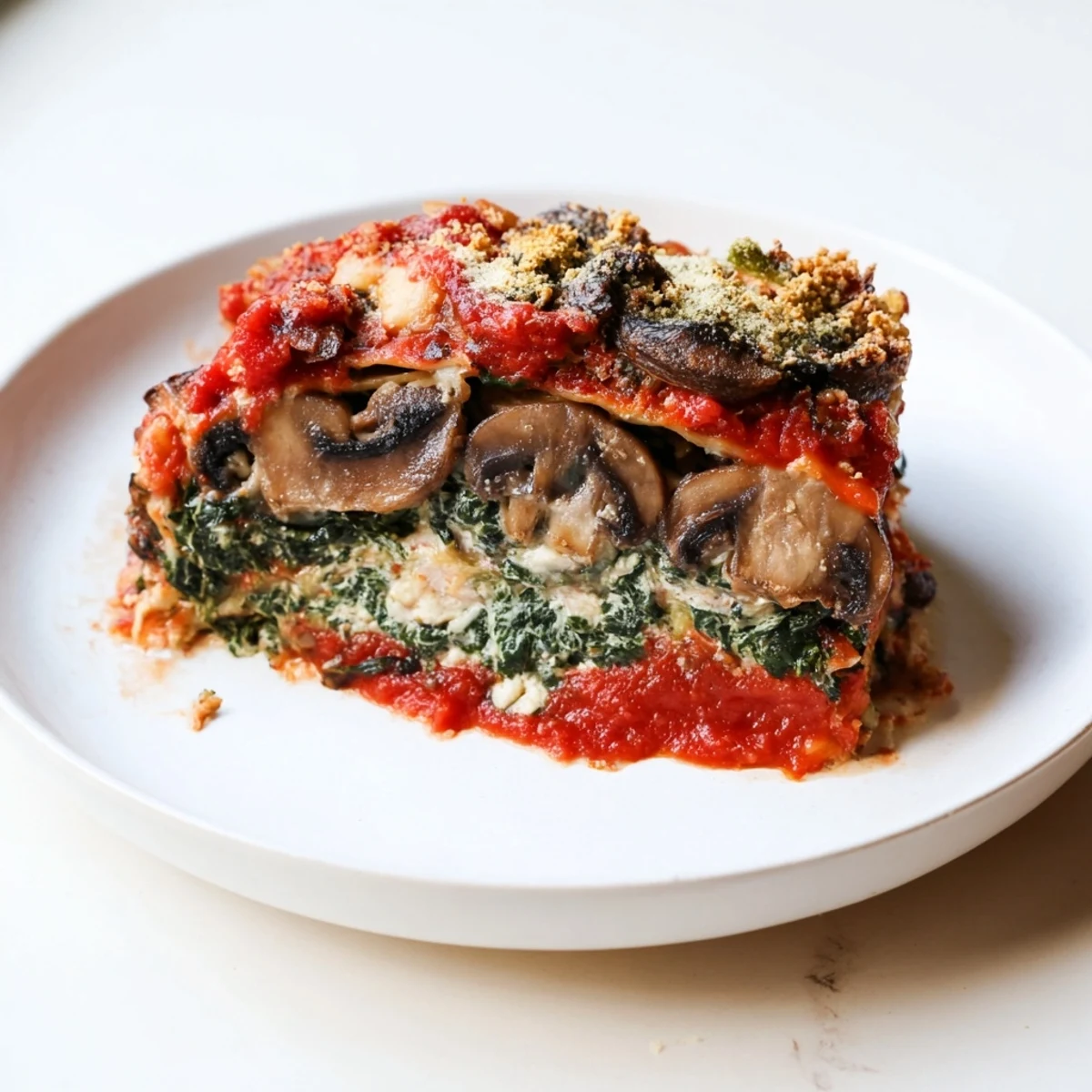 Steaming vegan mushroom spinach lasagna, brimming with creamy béchamel, ready for a comforting meal.