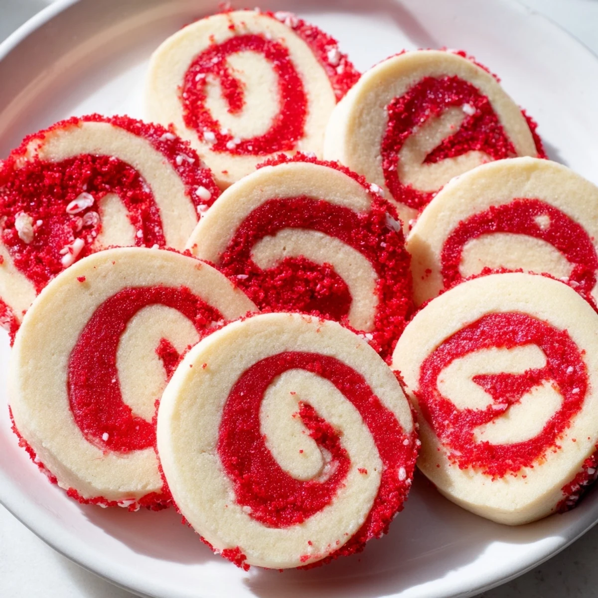 Warm and inviting display of a batch of festive Candy Cane Pinwheel Cookies, ready to be enjoyed.