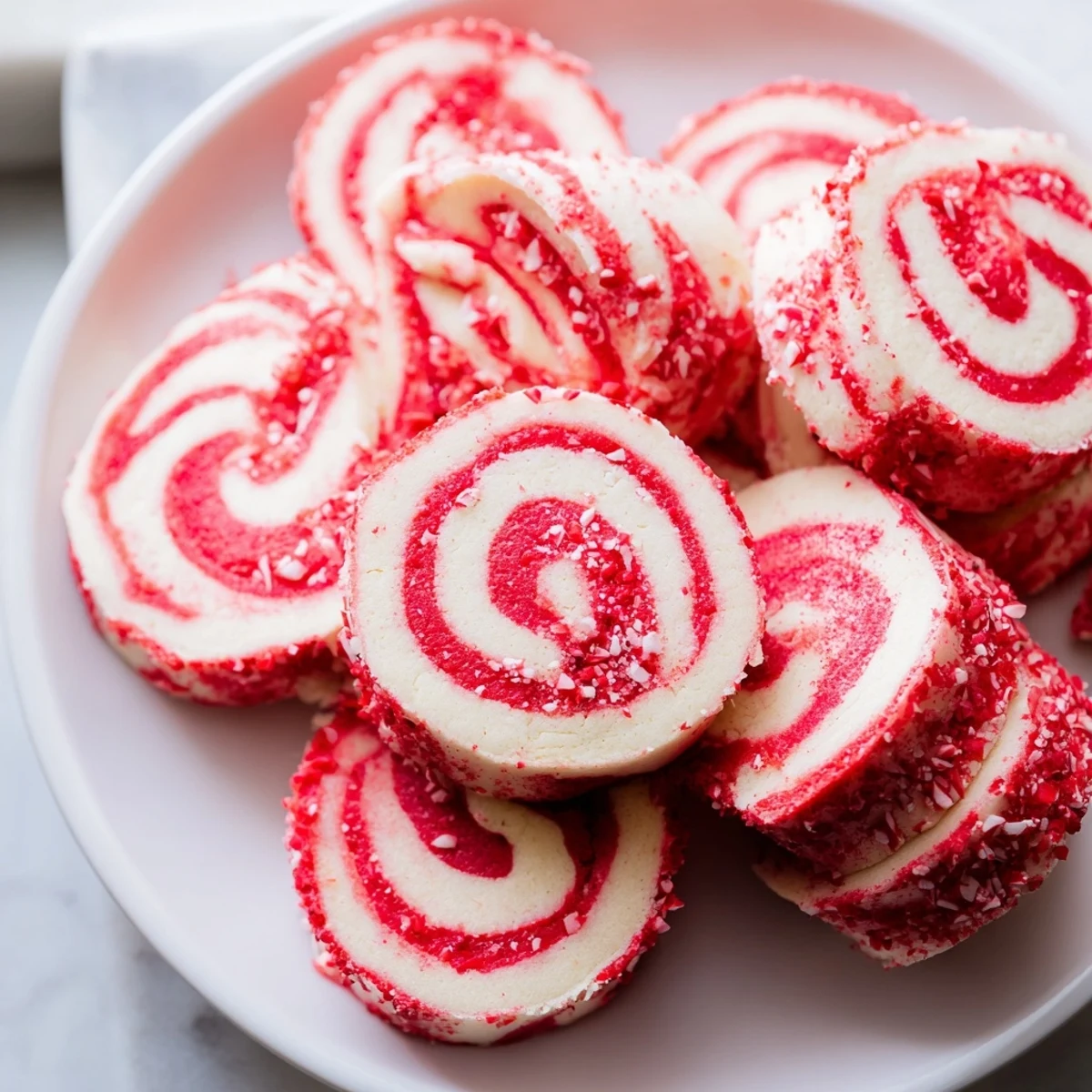 Close-up of freshly baked Candy Cane Pinwheel Cookies, swirled with red and white peppermint.
