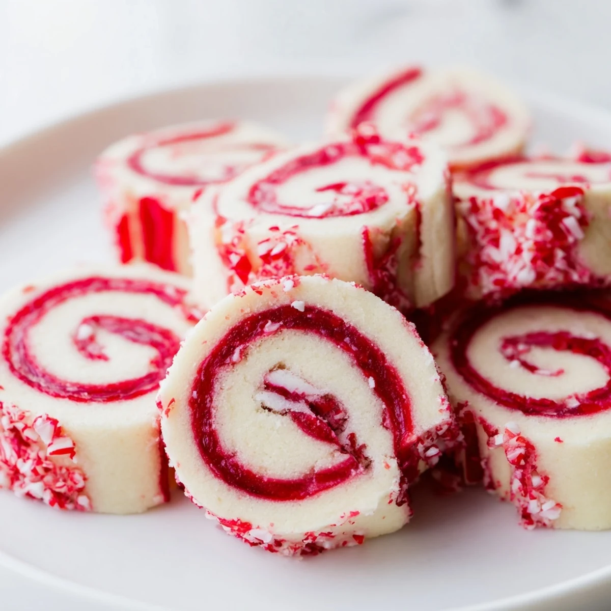 A stack of delightful Candy Cane Pinwheel Cookies, showing detailed swirls and a dusting of candy cane.