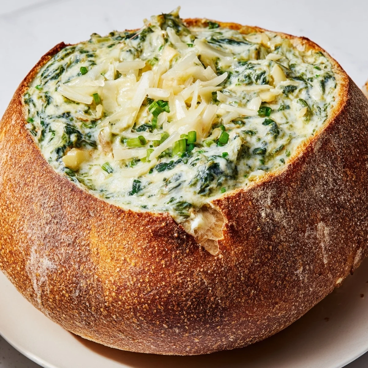 Warm, bubbly Best-Ever Spinach Dip in a crusty bread bowl, ready to dip and enjoy.