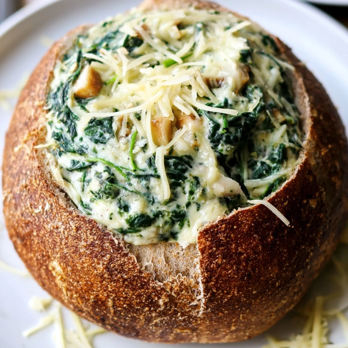 Serving suggestion: creamy Best-Ever Spinach Dip inside a bread bowl with dippable bread cubes.