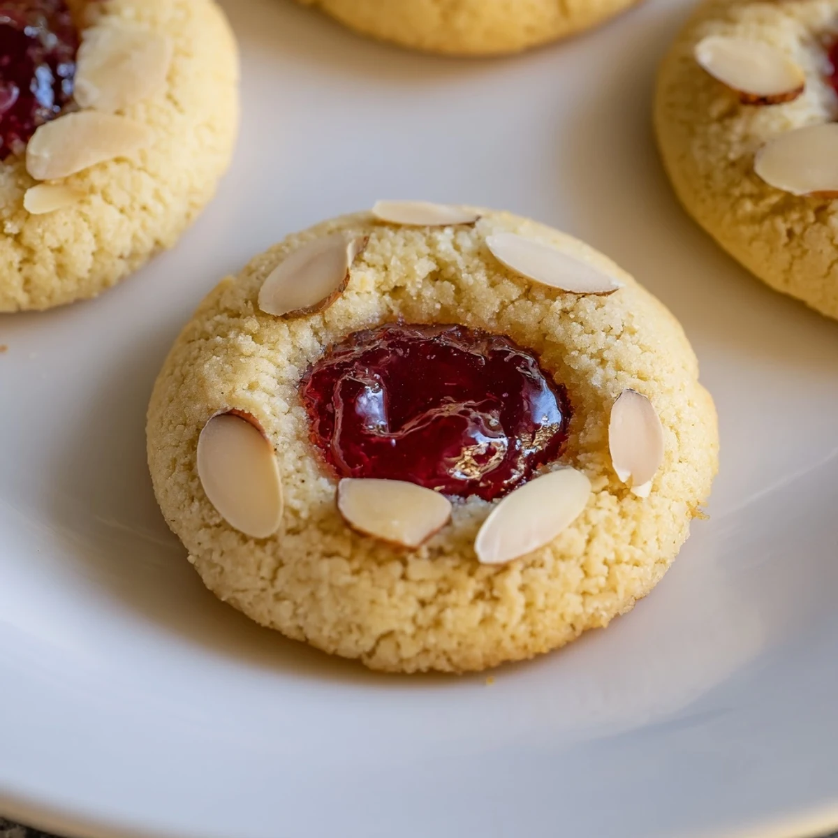 Golden cherry almond thumbprint cookies, lightly browned and filled with vibrant red jam, ready to enjoy.