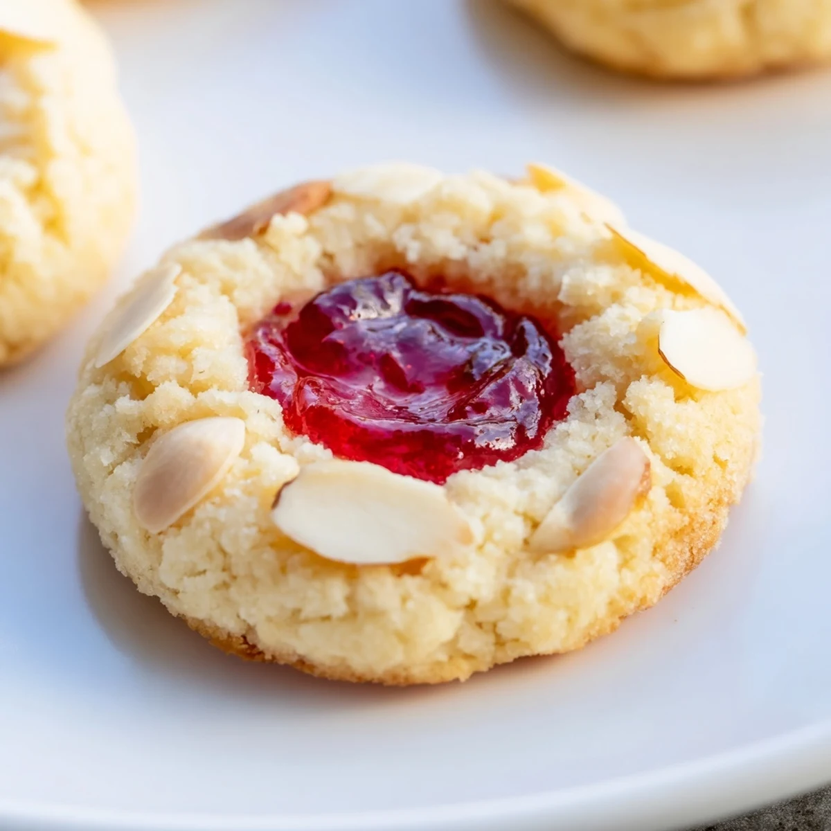 Buttery baked cherry almond thumbprint cookies, with a thumbprint indentation holding a cherry jam dollop.