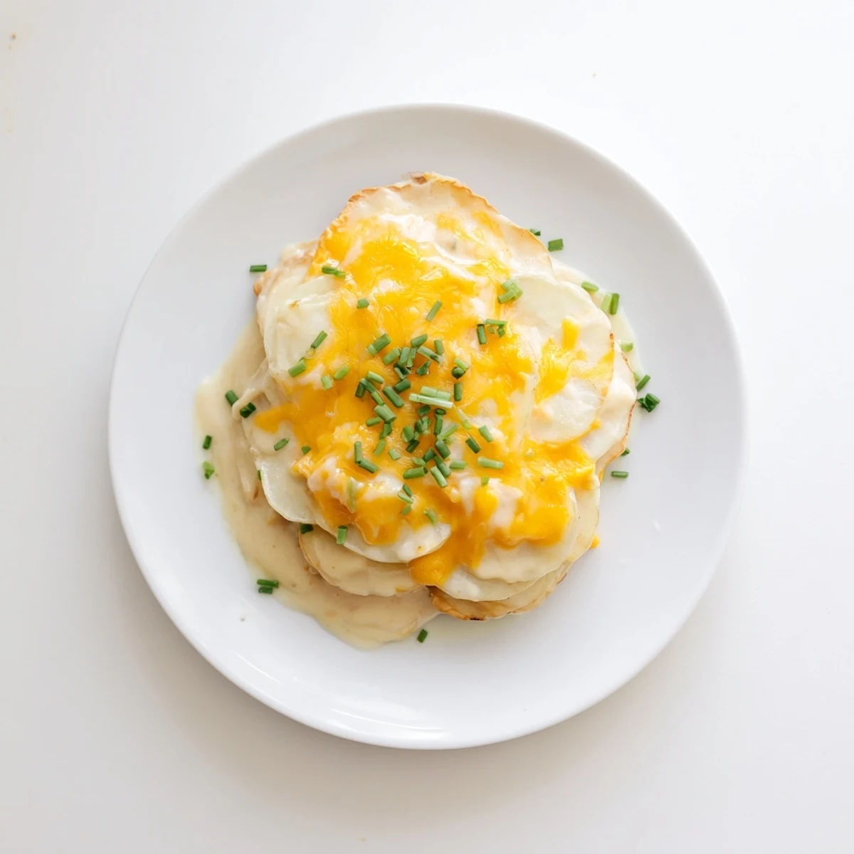 A close-up of a casserole dish filled with the decadent, layered Cheesy Scalloped Potatoes.