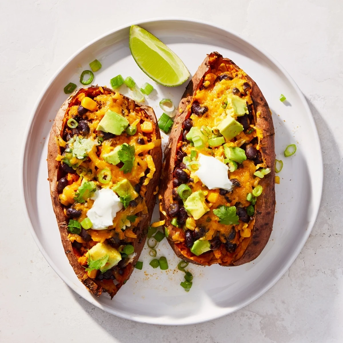 Oven-baked Loaded Baked Sweet Potatoes, fork-tender, generously filled with a zesty, colorful black bean topping.