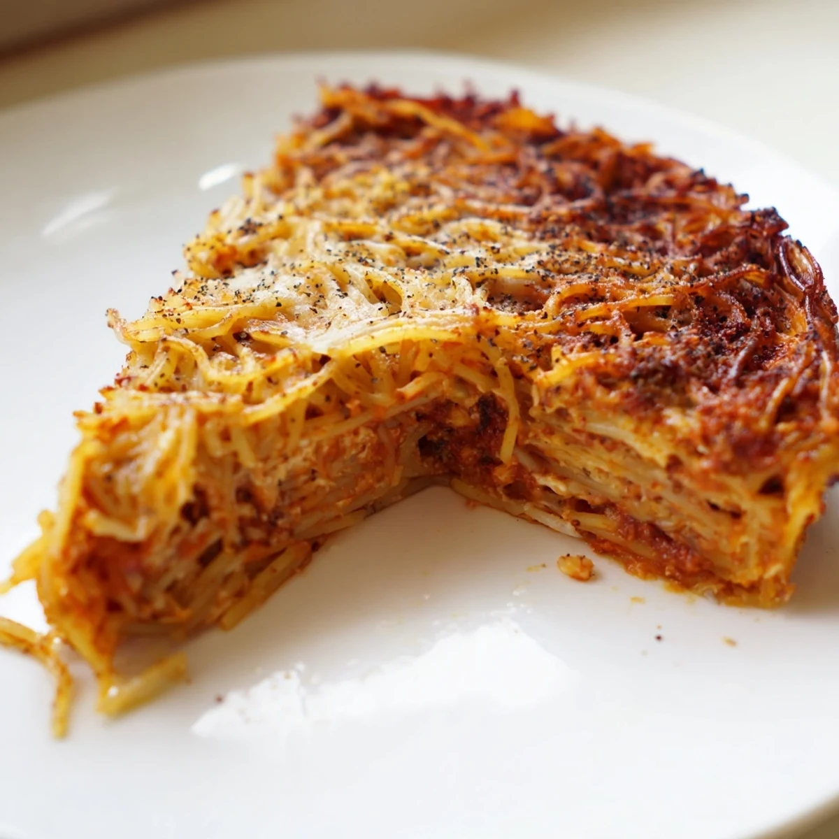Golden baked Cacio e Pepe Pasta Pie, showing a crispy crust with melted cheese and pepper.