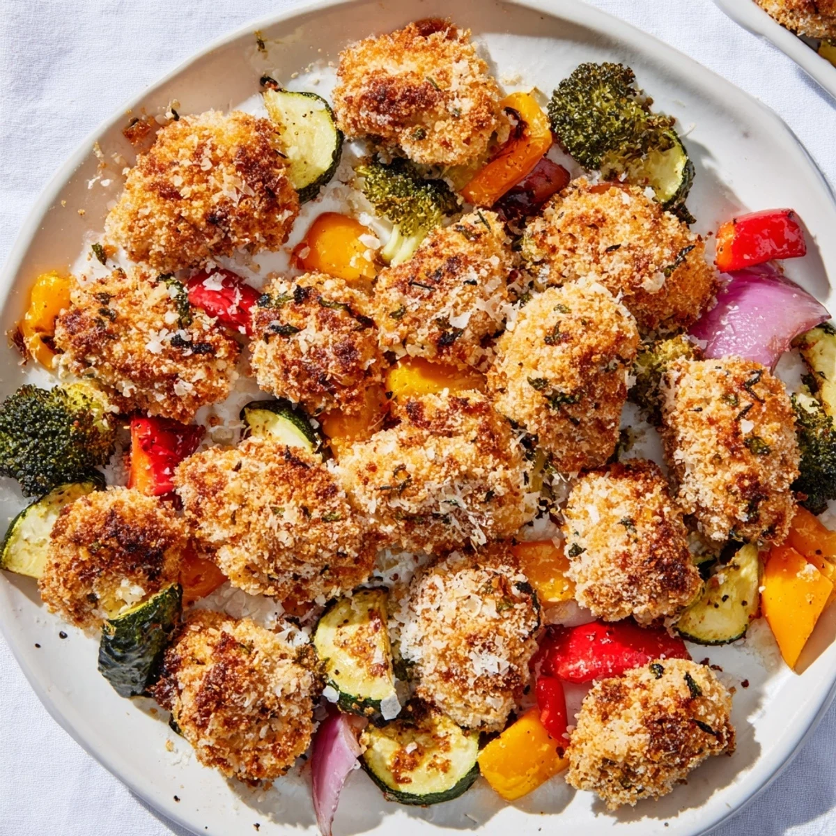 Golden-brown Garlic Parmesan Chicken Bites, surrounded by colorful roasted bell peppers and zucchini, delicious dinner.
