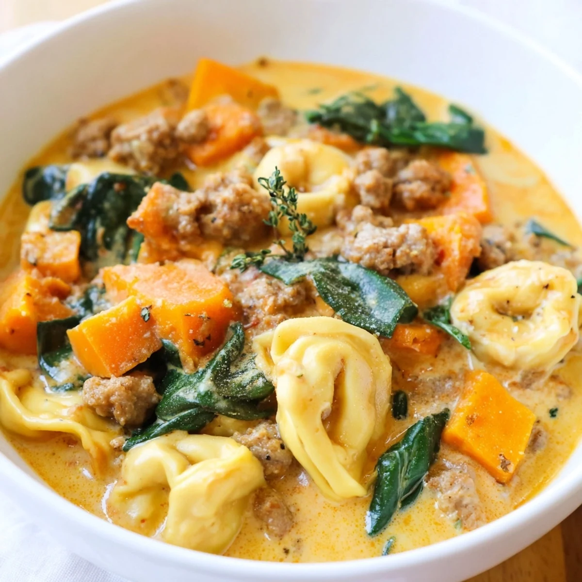 Garnished with fresh thyme, this Creamy Sausage Tortellini Soup offers savory and satisfying flavors.